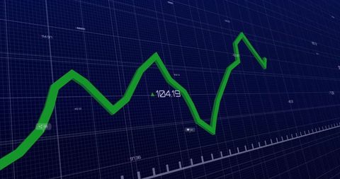 Green Line Graph on Digital Grid Displaying Market Trends