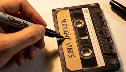 Writing midnight vibes on vintage cassette tape with sharpie marker, retro music labeling