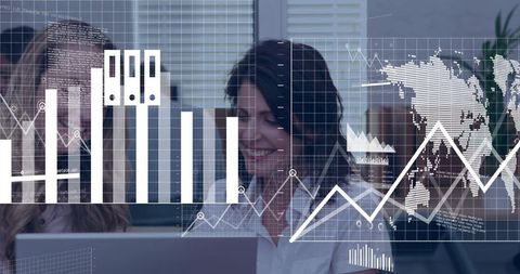 Smiling businesswoman reviewing laptop data with charts and global analytics overlay