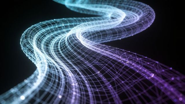 Twisting neon wireframe ribbon flowing in dark digital space with cyan and violet glow