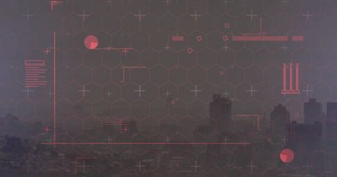 Urban skyline with futuristic digital hud overlay at dusk