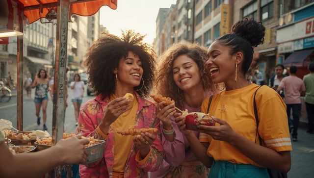 Friends enjoying street food in vibrant urban market during golden hour laughing together