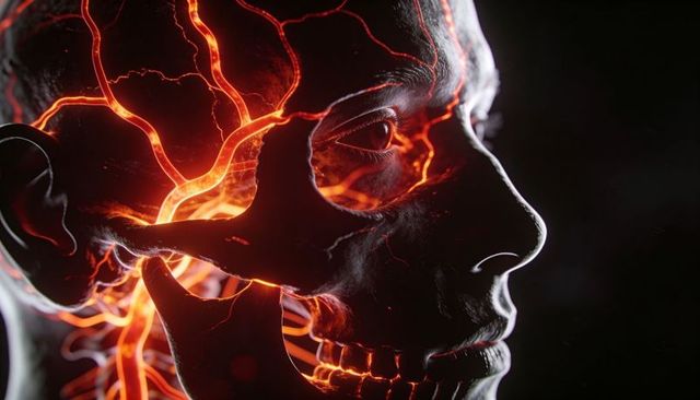 Glowing neural network flowing through translucent human skull revealing vascular anatomy