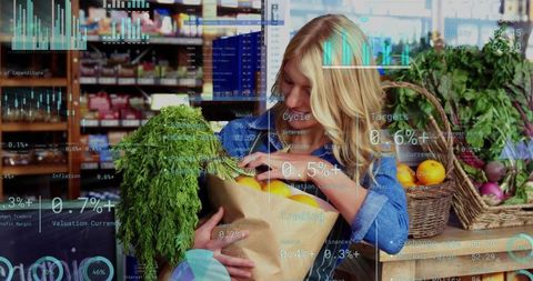 Blonde woman holding grocery bag and inspecting fresh produce with digital hud overlays
