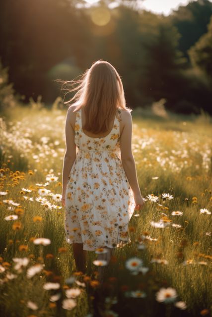 A woman with flowing hair is walking through a tranquil meadow filled with wildflowers during a warm, golden sunset. She wears a light, floral-pattern summer dress, adding to the serene and peaceful setting. This image could be used for themes related to nature, outdoor activities, peaceful moments, summertime, and personal reflection.