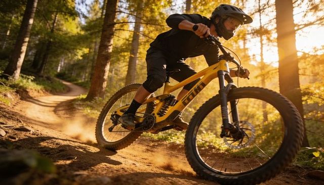 Riding yellow mountain bike down forest singletrack at sunset, leaning through corner