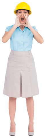 Businesswoman in hard hat shouting on transparent background