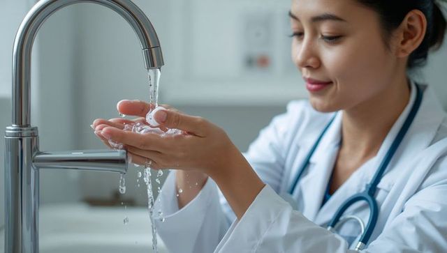 Washing hands medical professional asian female doctor rinsing soap at clinic sink hygiene