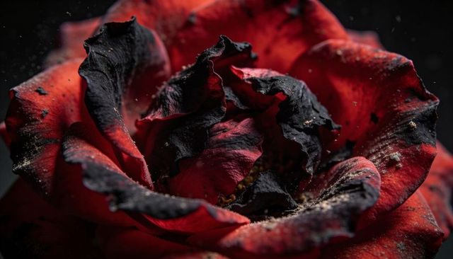 Withering red rose with charred black petal edges and dust macro texture closeup