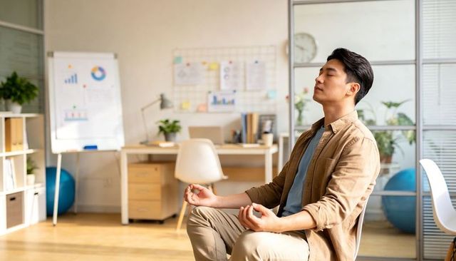 Asian man meditating in modern office chair promoting workplace mindfulness and focus