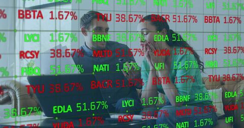 Excited Caucasian Couple with Digital Financial Data Overlay