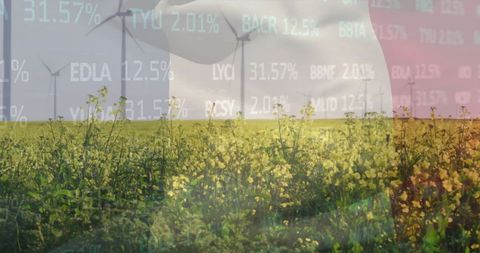 Renewable Energy Finance Concept with Wind Turbines Over Greenfield