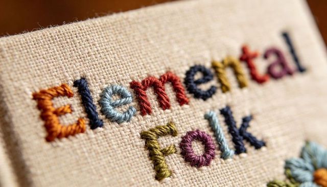 Colorful hand-stitched elemental folk lettering on linen showing raised embroidery