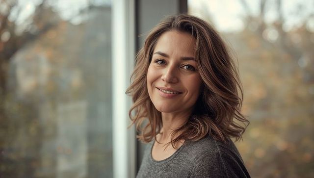 Smiling woman standing by window in soft autumn light wearing gray sweater and pendant