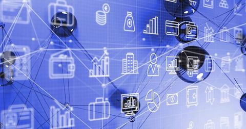 Glossy Network Orbs Connecting Business Data Icons on Blue Digital Analytics Grid