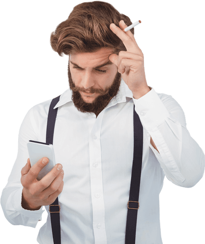 Bearded Hipster Looking at Smartphone with Cigarette Transparent Design - Download Free Stock Videos Pikwizard.com
