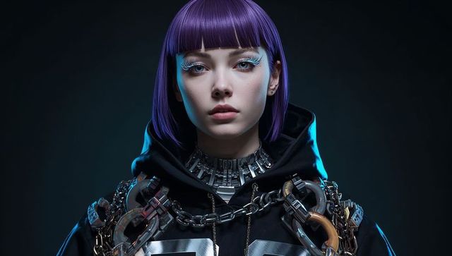 Posing Model Wearing Purple Bob, White Lashes and Heavy Chains Cyberpunk Portrait