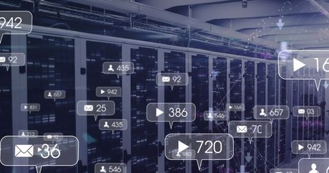 Social media and communication icons hovering against a backdrop of a high-tech server room create a fusion of digital networking and advanced technology concepts. Ideal for illustrating abstract themes such as cloud computing, data management workflows, and contemporary business data storage solutions.