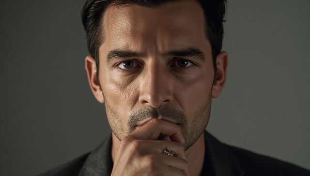 Contemplative man touching mouth while staring, moody dramatic headshot with stubble
