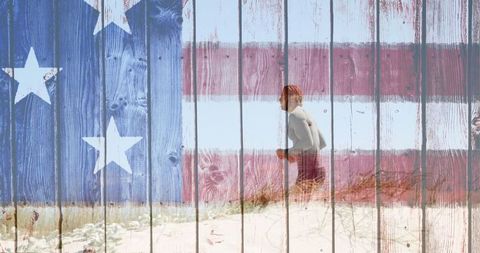 Patriotic Beach Run with American Flag Overlay
