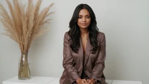 Elegant Presenter Adjusting Posture in Minimalist Setting