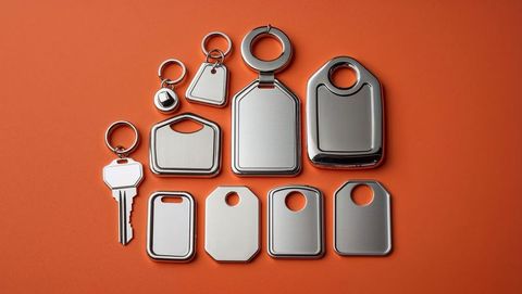 Blank metal key tags on orange background for branding and organization