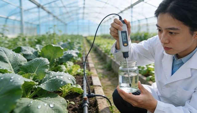 Lab-coated researcher testing water quality with handheld probe in greenhouse vegetable beds