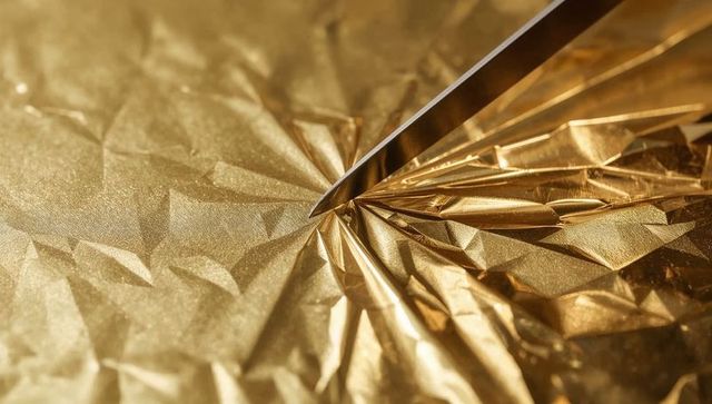 Slender blade pressing gold foil creating starburst metallic folds and shimmer