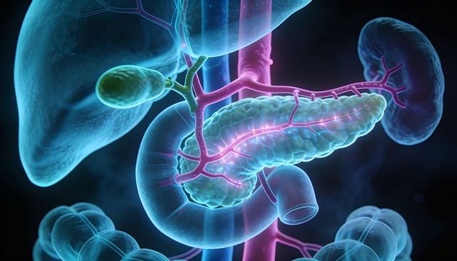 Neon 3D Pancreas Rendering Displaying Ducts, Vessels and Surrounding Organs