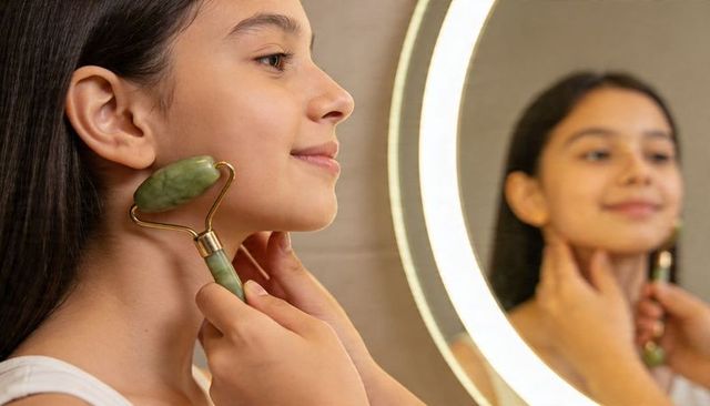 Asian teen using jade roller at led vanity mirror for glowing skin and self-care