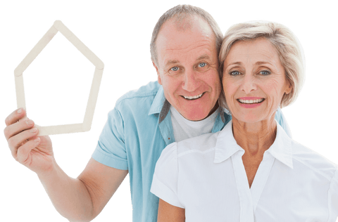 Cheerful Senior Couple Holding Transparent House Model Frame