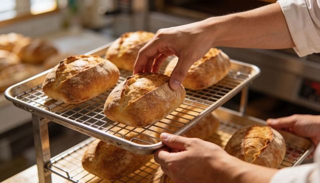 Baker placing rustic artisan loaves on cooling rack in sunlit bakery