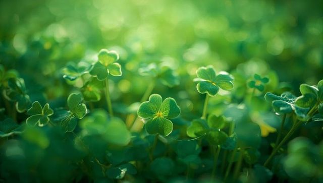Sunlit four-leaf clover among three-leaf clovers with dewdrops macro bokeh lucky meadow