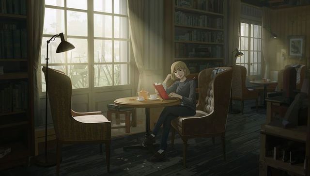 Young woman reading red book in cozy sunlit library cafe with teapot and warm lighting