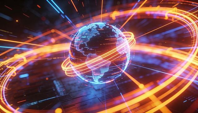 Holographic Globe Glowing with Neon Data Orbits Representing Global Network Connectivity