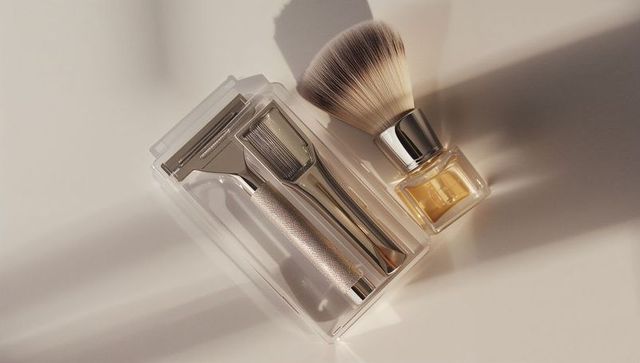 Metal safety razor in clear blister pack with kabuki shaving brush on minimal tabletop