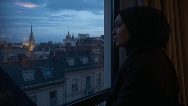 Contemplative muslim woman in hijab gazing over european city skyline at dusk