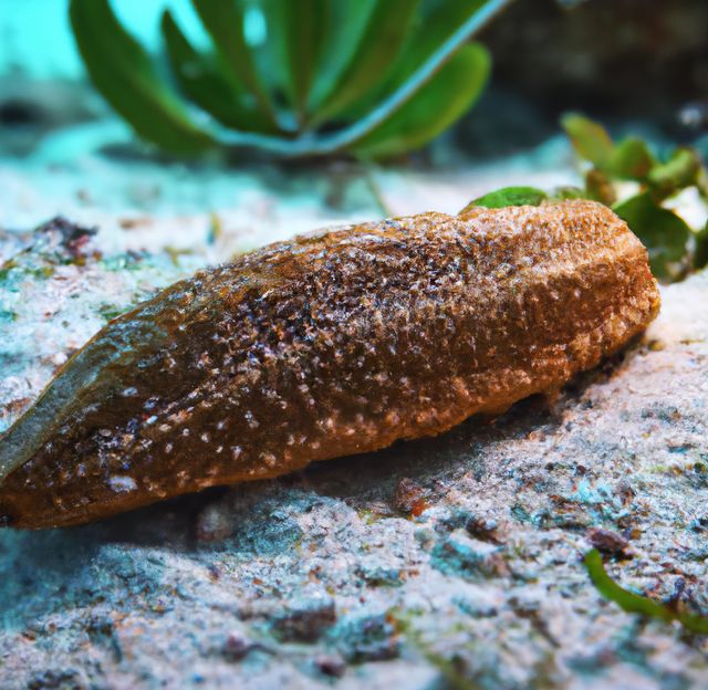 Close-up view of sea cucumber resting on sandy ocean floor among aquatic plants. Ideal for use in marine biology presentations, underwater photography showcases, educational materials on marine life, snorkeling and diving advertisements, and ocean conservation campaigns.