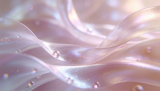 Iridescent pearlescent ribbons flowing with dew drops, luminous pastel abstract backdrop