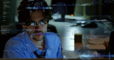 Nightshift developer studying code with glass reflection and data visualization overlays