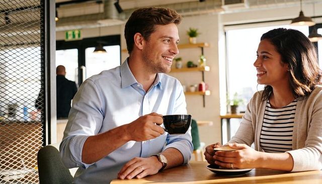 Smiling colleagues sharing coffee and chatting in sunlit cafe, casual business networking