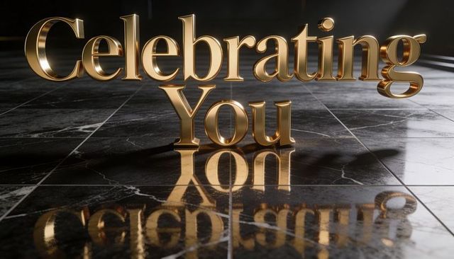 Celebrating you gold 3d typography on reflective black marble floor with spotlight haze
