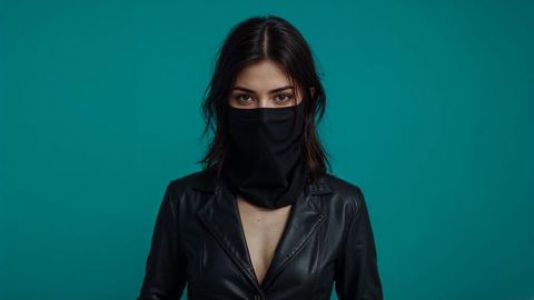 Elegant female burglar in leather jacket with face covering against teal backdrop