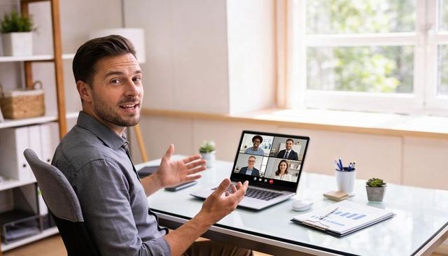Male professional presenting during remote video meeting from bright home office