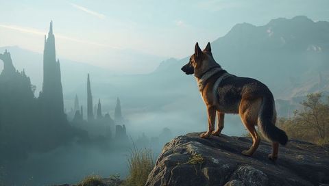 German Shepherd Standing on Cliff Overlooking Misty Mountain Spires at Dawn