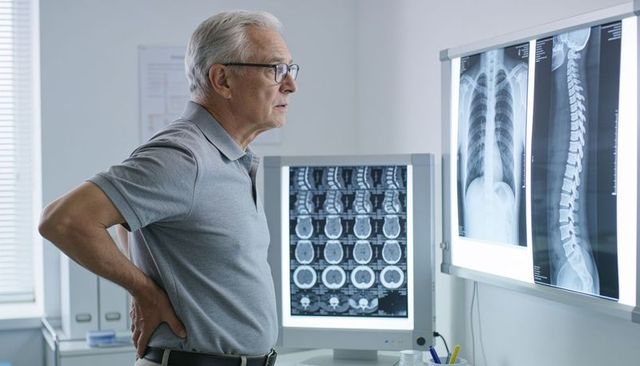 Senior man examining spinal and chest x-rays and supporting lower back at radiology visit