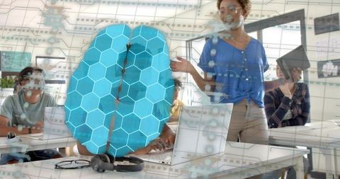 Hovering digital brain overlay in classroom during collaborative learning workshop