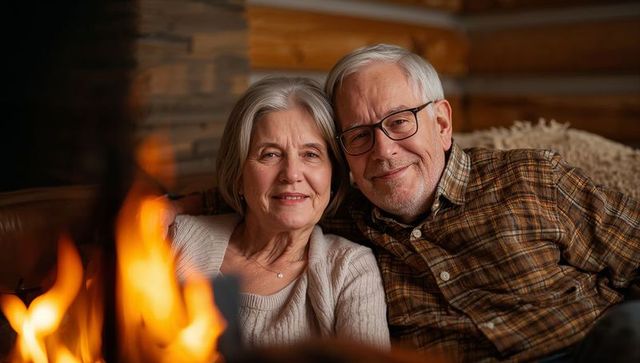 Senior Couple Sharing Cozy Evening by Fireplace Smiling Together at Home in Knitwear