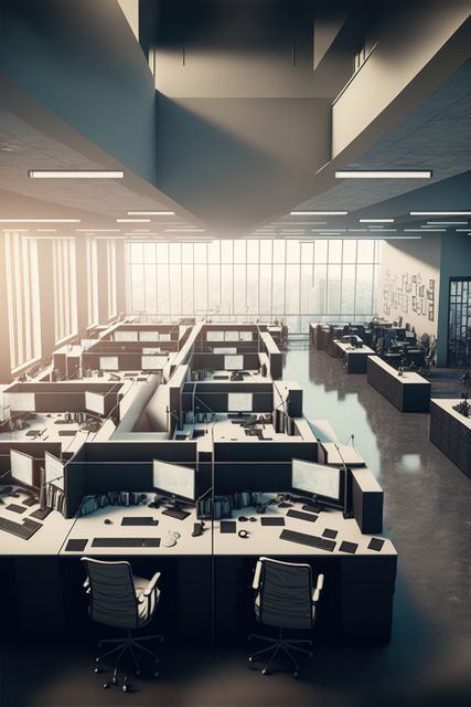 Open plan office interior with desks, computers and windows created using generative ai technology. Office interior and business concept digitally generated image.