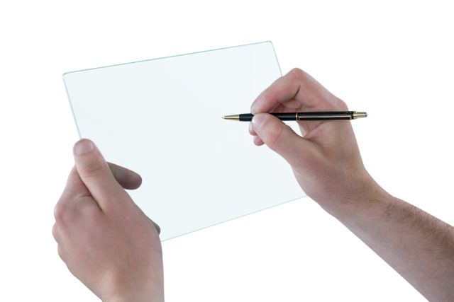 Man hand pretending to be writing on clipboard against white background